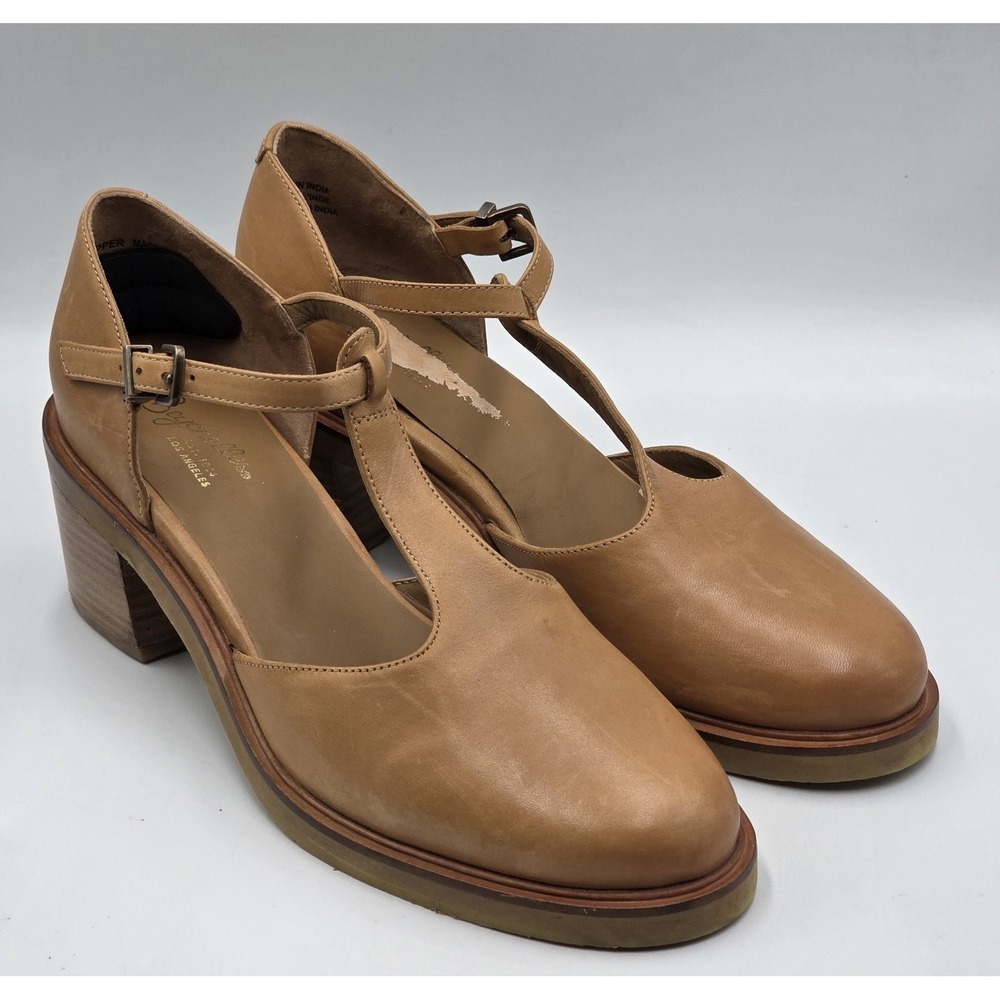 Seychelles Soulmate Size 10 Tan Leather T-Strap Mary Jane Block Heel Pumps 2.5in